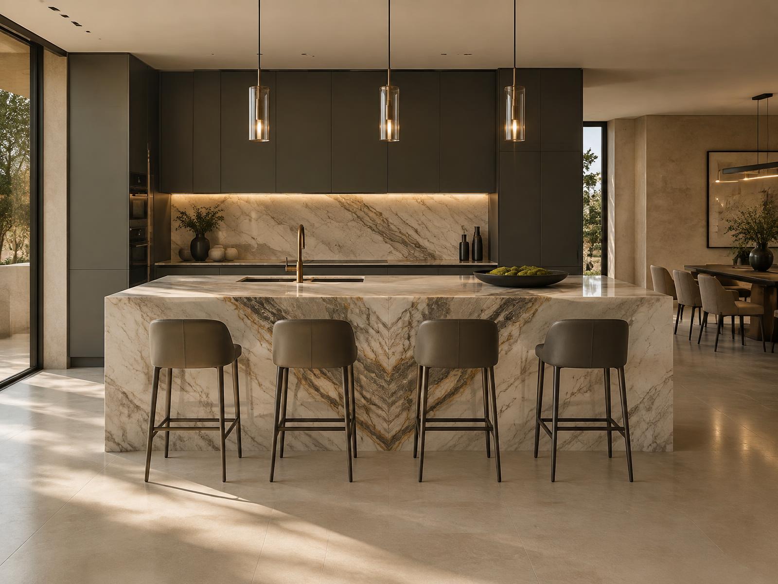 Área gourmet com ilha em quartzito e marcenaria grafite